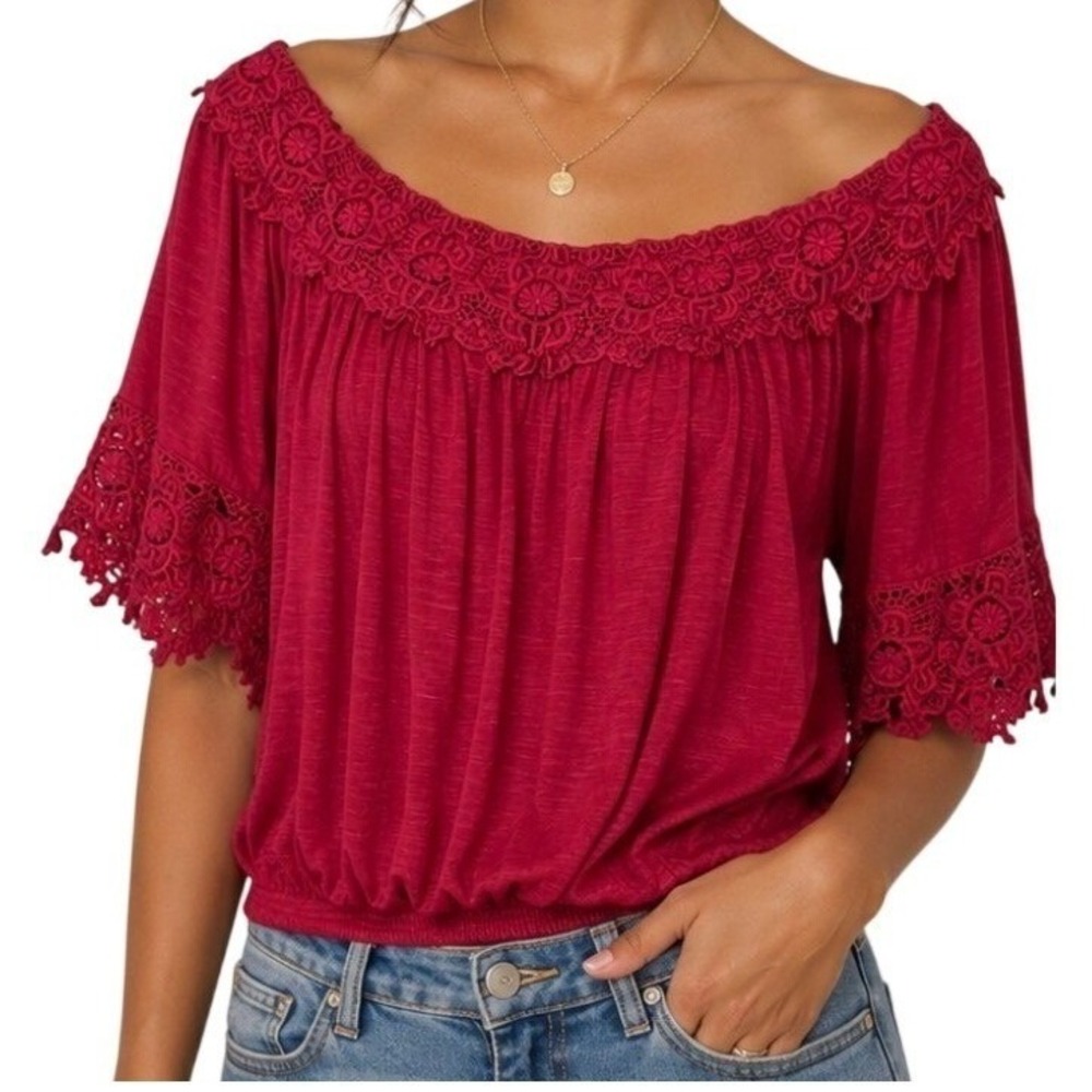 American Rag Women Red Crochet Trim Off Shoulder Top Small Boho Slub Knit Blouse